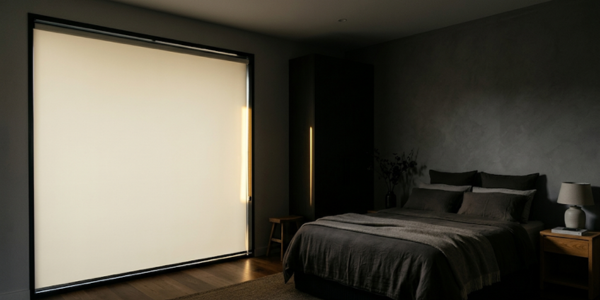 Estor enrollable opaco de color crema instalado a medida en un dormitorio moderno para conseguir oscuridad total durante el dia.