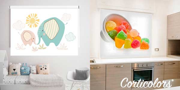 Detalle de una cortina y un estor con diseño impreso en alta definición, mostrando la nitidez y viveza del color que se consigue con la impresión digital en textiles para decoración