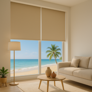Estores térmicos en salón moderno con vistas a la playa y protección solar