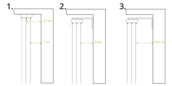 Medidas de soportes para paneles japoneses de 3 vías de Corticolors, guía visual para instalación precisa y segura de los rieles, garantizando un deslizamiento uniforme de los paneles.