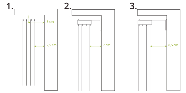 Medidas de soportes de 4 vías, guía visual para una instalación precisa y segura, garantizando un deslizamiento uniforme de los paneles.