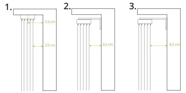 Medidas de soportes de 5 vías, guía visual para una instalación precisa y segura, asegurando un deslizamiento uniforme y correcto de los paneles.