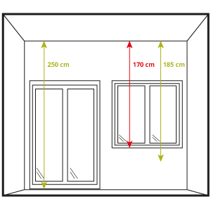 Guía visual para medir la altura de un estor enrollable desde el suelo hasta el techo, mostrando cómo tomar medidas precisas para una instalación correcta y un ajuste uniforme.