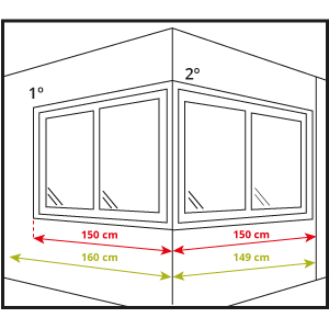 Guía visual mostrando cómo medir el ancho de un estor enrollable para ventanas esquineras, destacando la correcta toma de medidas para una instalación precisa y ajustada.