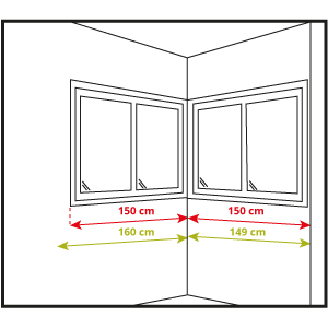 Guía visual para medir el ancho de un estor enrollable en ventanas rinconeras, mostrando cómo tomar las dimensiones correctamente para una instalación precisa y ajustada.